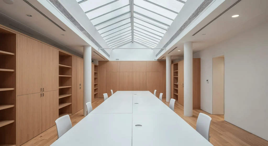 salle d'une collectivités aménagée avec du mobilier et une table de réunion