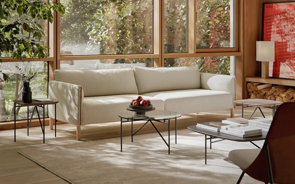 Espace d'attente confortable : un canapé durable, des fauteuils lounge et une table basse