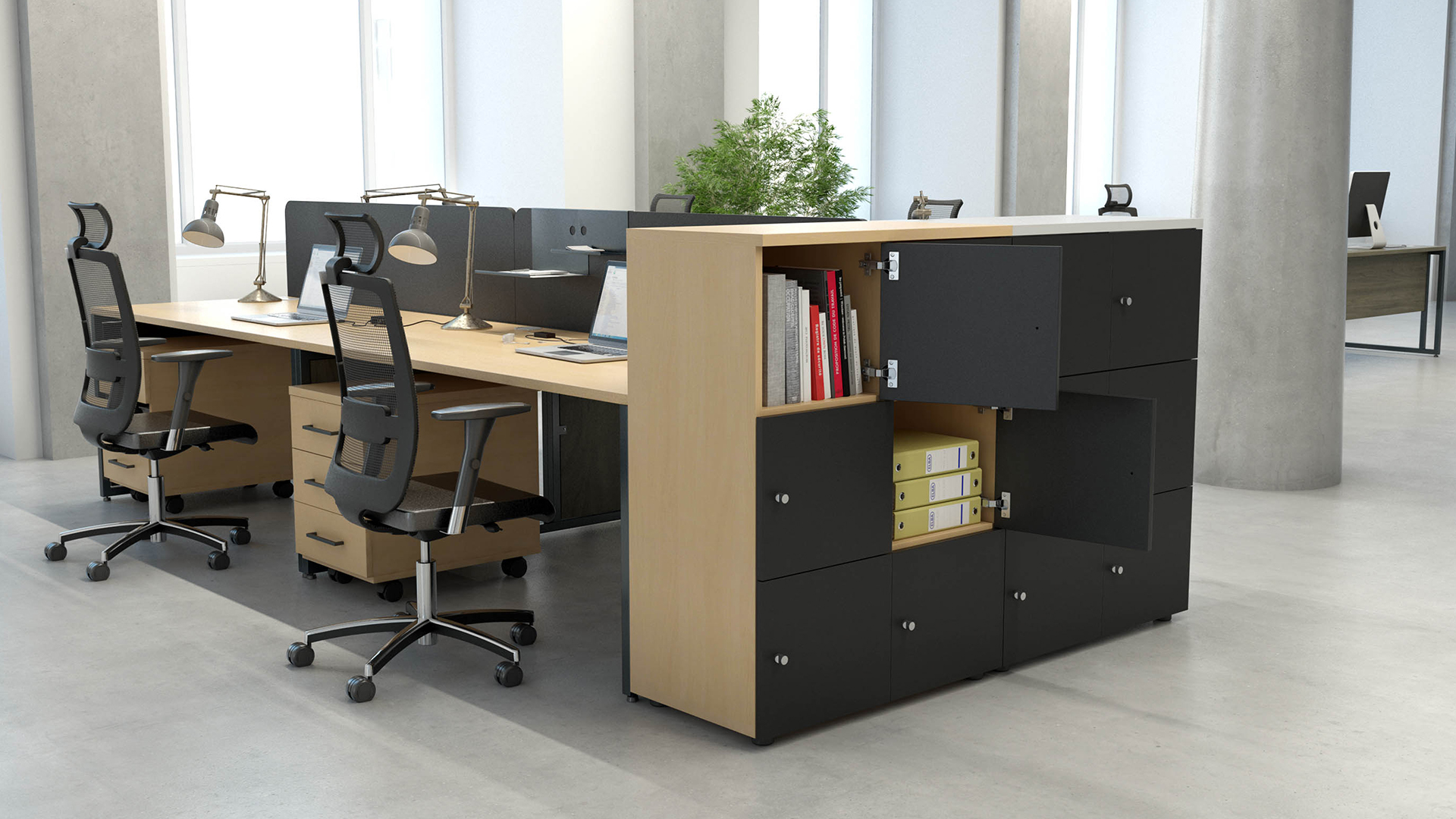 une ou plusieurs armoires en solutions de rangement avec finition métal, bois, dans un espace de travail, idéal pour un bureau d'entreprise, pour du rangement ou du classement