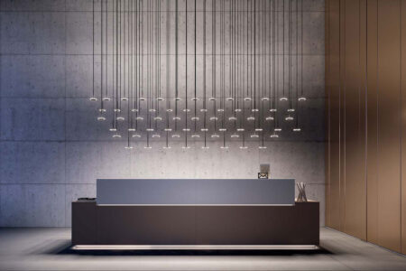 banque d'accueil corporate et design, illuminé par des éclairages modernes