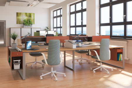 un ou plusieurs caissons avec finition métal, bois, dans un espace de travail, idéal pour un bureau d'entreprise, pour du rangement ou du classement