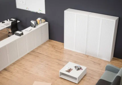 une ou plusieurs armoires en solutions de rangement avec finition métal, bois, dans un espace de travail, idéal pour un bureau d'entreprise, pour du rangement ou du classement