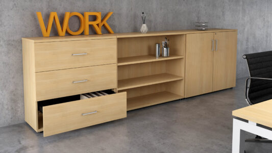 une ou plusieurs armoires en solutions de rangement avec finition métal, bois, dans un espace de travail, idéal pour un bureau d'entreprise, pour du rangement ou du classement