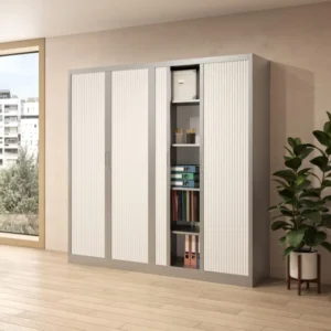 une ou plusieurs armoires en solutions de rangement avec finition métal, bois, dans un espace de travail, idéal pour un bureau d'entreprise, pour du rangement ou du classement