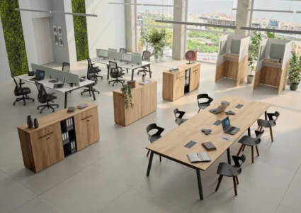 une ou plusieurs armoires en solutions de rangement avec finition métal, bois, dans un espace de travail, idéal pour un bureau d'entreprise, pour du rangement ou du classement