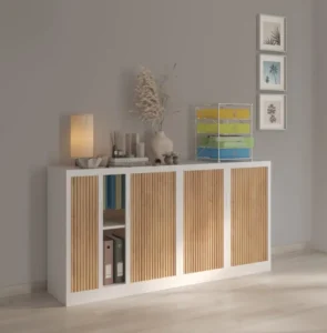 une ou plusieurs armoires en solutions de rangement avec finition métal, bois, dans un espace de travail, idéal pour un bureau d'entreprise, pour du rangement ou du classement