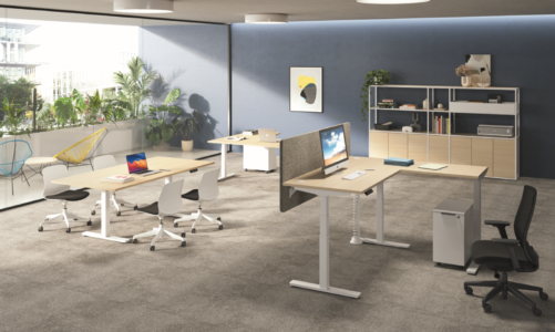 bureaux assis debout ergonomique pour collaborateurs ou open space, afin de préserver la santé et prévention TMS