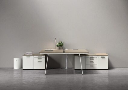 un ou plusieurs caissons avec finition métal, bois, dans un espace de travail, idéal pour un bureau d'entreprise, pour du rangement ou du classement
