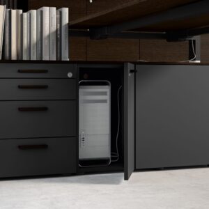 un ou plusieurs caissons avec finition métal, bois, dans un espace de travail, idéal pour un bureau d'entreprise, pour du rangement ou du classement