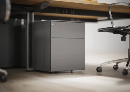un ou plusieurs caissons avec finition métal, bois, dans un espace de travail, idéal pour un bureau d'entreprise, pour du rangement ou du classement