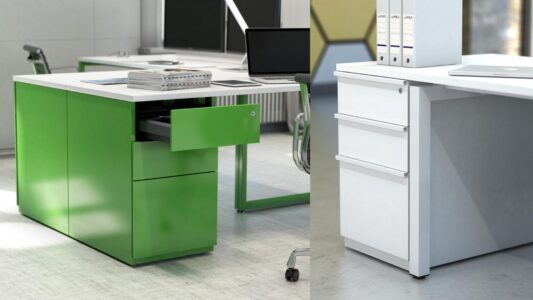 un ou plusieurs caissons avec finition métal, bois, dans un espace de travail, idéal pour un bureau d'entreprise, pour du rangement ou du classement