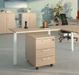 un ou plusieurs caissons avec finition métal, bois, dans un espace de travail, idéal pour un bureau d'entreprise, pour du rangement ou du classement