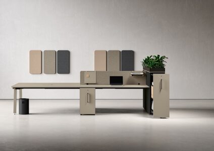 un ou plusieurs caissons avec finition métal, bois, dans un espace de travail, idéal pour un bureau d'entreprise, pour du rangement ou du classement