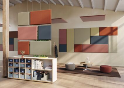 des panneaux acoustiques ou écrans acoustiques au mur ou suspendu au plafond, idéal pour absorber les nuisances sonores et séparer les espaces grâce au tissu phono absorbant