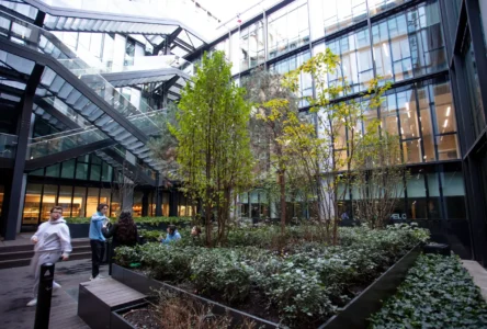 aménagement d'espaces de l'école de commerce em business school normandie, à Paris : cabines acoustiques, fauteuils lounge, tables de travail, bibliothèque, espace coworking, tables ébénisterie, réunion, conférence, espade de vie commune, éclairage acoustique